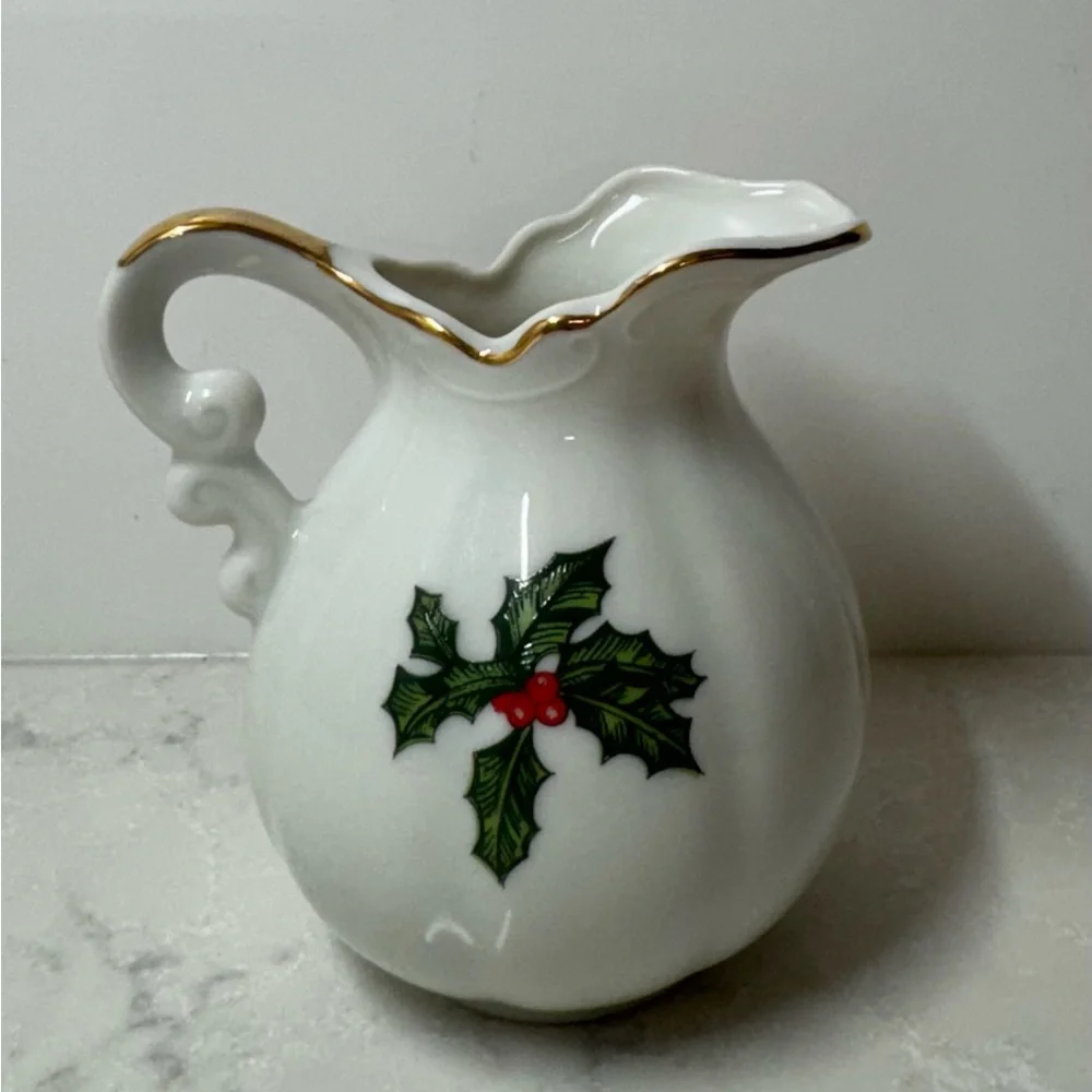 Vintage Lefton White and Gold Porcelain Creamer with Cardinal Christmas